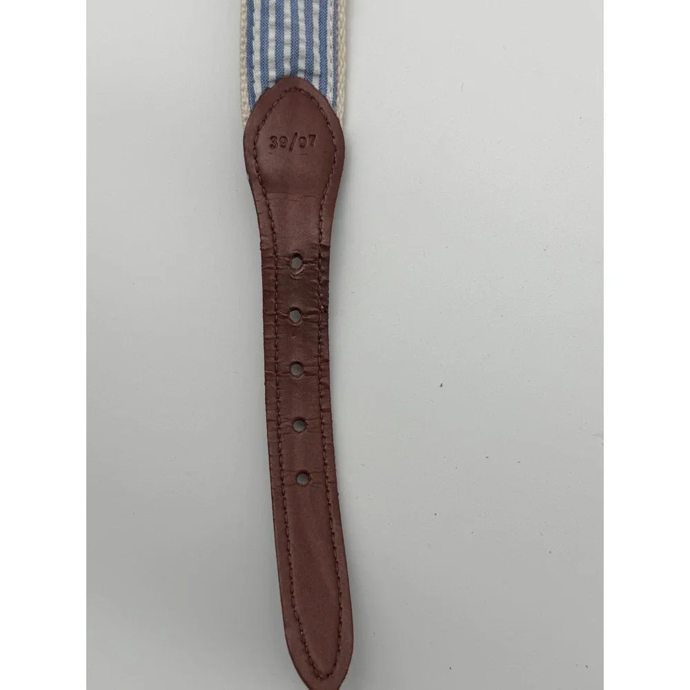 Mens Canvas Seersucker Lined Surcingle Belt Brown Leather Cream Blue 38 97